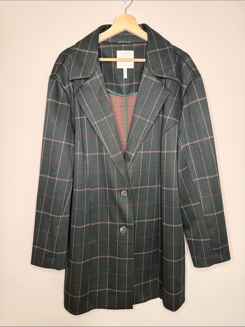 Avec Les Filles Dark Green Plaid Long Blazer with Pink & Cream Windowpane